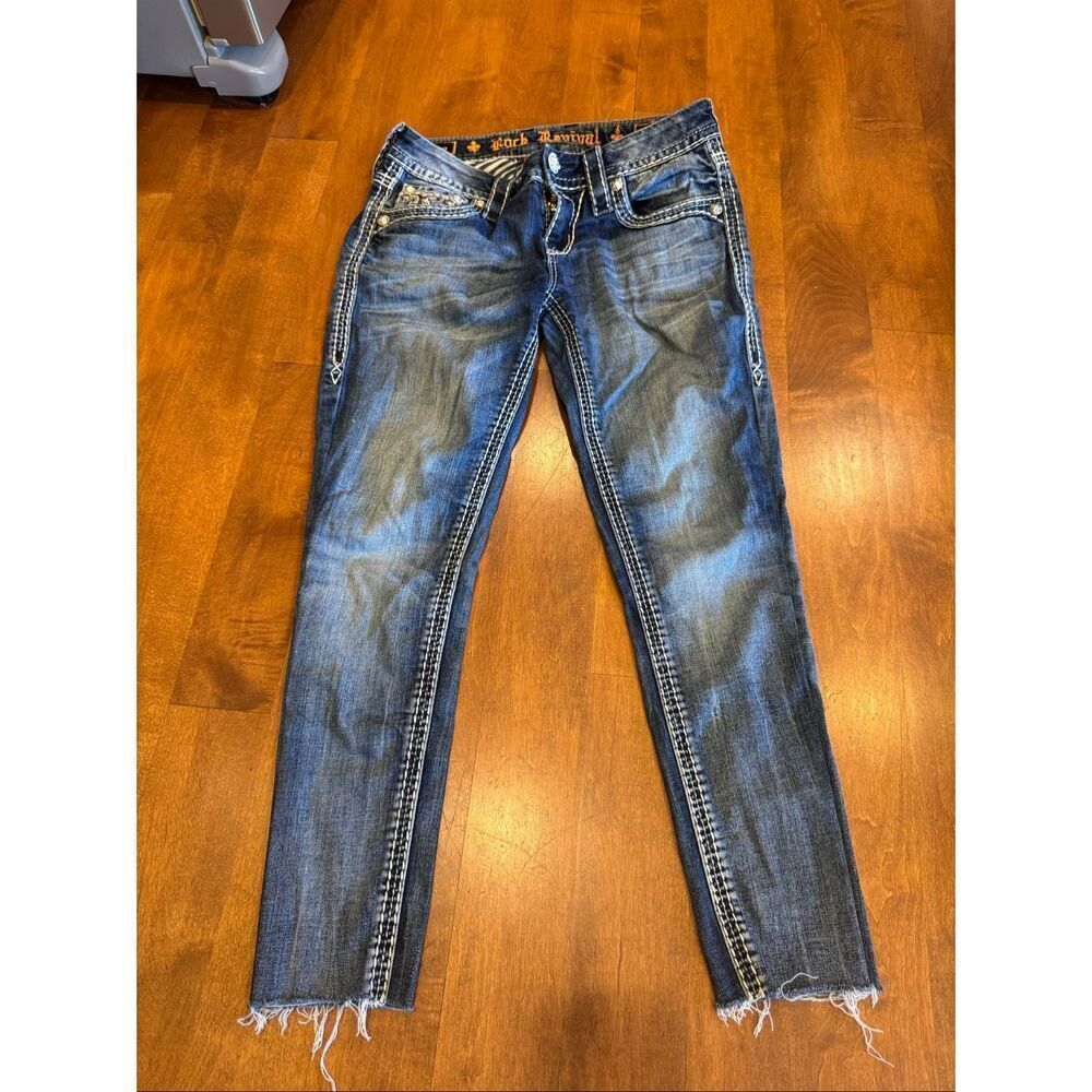 Rock Revival Raven Skinny Jeans 26 Cropped Distressed Flap Pocket Heavy Stitch Y